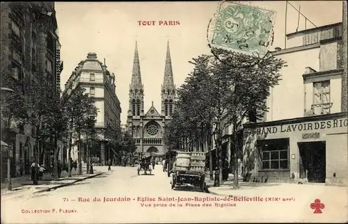 Ak Paris 19. Jahrhundert La Villette, Rue du Jourdain, Kirche Saint Jean Baptiste de Belleville