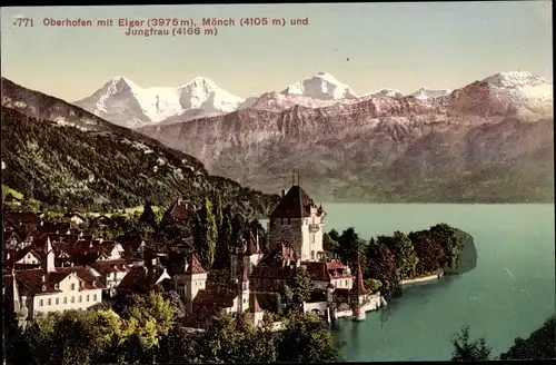 Ak Oberhofen am Thunersee Kanton Bern, Teilansicht, Eiger, Mönch, Jungfrau