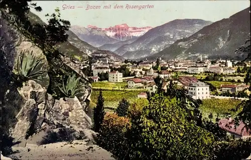 Ak Gries Bozen Bolzano Südtirol, Ortsansicht mit Rosengarten