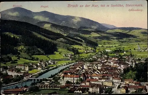 Ak Bruck an der Mur Steiermark, Ortspanorama, Schlossberg, Mugel, Rosseck