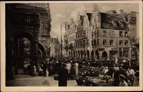 Ak Münster in Westfalen, Prinzipalmarkt am Markttag, Marktstände, Fuhrwerk