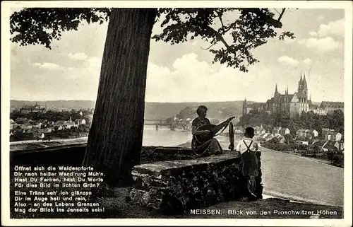 Ak Meißen in Sachsen, Proschwitzer Höhen, Kirche, Frau mit Gitarre, Gedicht
