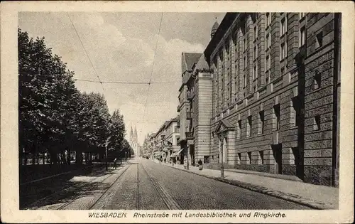 Ak Wiesbaden in Hessen, Rheinstraße, Landesbibliothek, Ringkirche