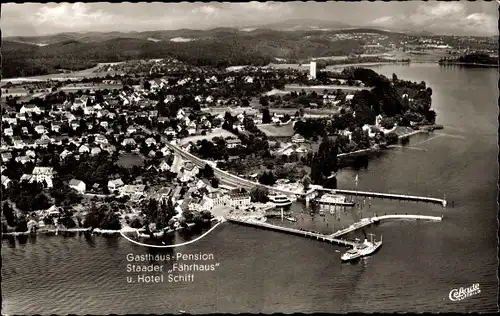 Ak Staad Konstanz am Bodensee, Gasthaus Staader Fährhaus, Hotel Schiff, Luftbild, Seebrücke