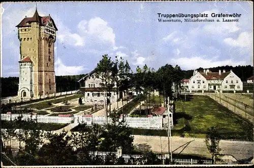 Ak Grafenwöhr in der Oberpfalz Bayern, Truppenübungsplatz, Wasserturm, Lazaret