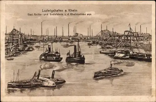 Ak Ludwigshafen am Rhein, BASF Badische Anilin und Sodafabrik von der Rheinbrücke