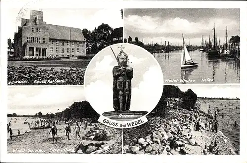 Ak Schulau Wedel im Kreis Pinneberg, Hafen, Roland, Strandbad, neues Rathaus