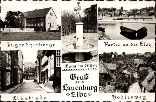 Ak Lauenburg an der Elbe, Hans im Glück Brunnen, Hohlerweg, Elbstraße, Jugendherberge