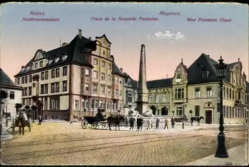 Ak Mainz am Rhein, Neubrunnenplatz, Volksbank, Gutenberg Casino, Neuer Brunnen, Kutsche