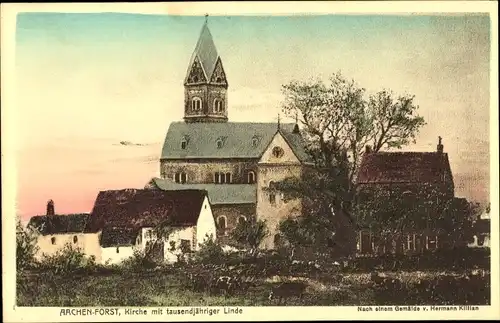 Ak Forst Aachen, Kirche mit tausendjähriger Linde