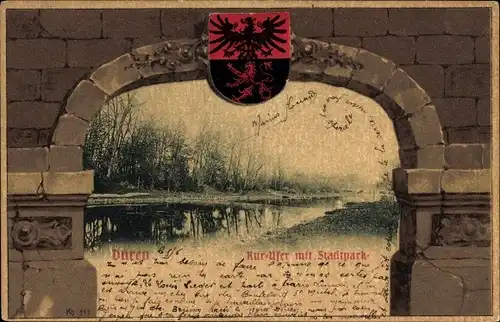 Ak Düren im Rheinland,Kurufer mit Stadtpark, Wappen