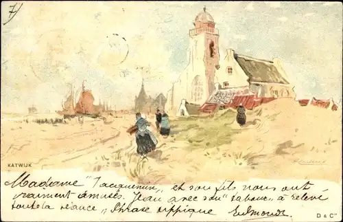 Künstler Litho Cassiers, H., Katwijk aan Zee Südholland Niederlande, Frauen in Tracht, Kirche, Boote