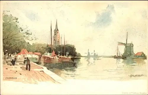 Künstler Litho Cassiers, H., Zaandam Südholland, Windmühle, Kirchturm, Boote