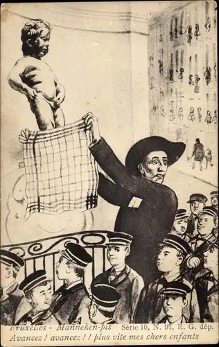 Ak Brüssel, Manneken-Pis, Mann verdeckt Statue, Jungengruppe