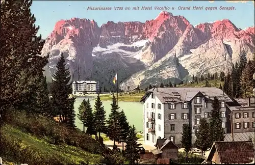 Ak Lago di Misurina Misurinasee Cortina d'Ampezzo Veneto, Hotel Vecellio, Grand Hotel gegen Sorapis