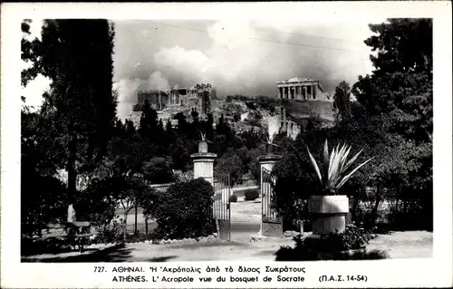 AK Athen Griechenland, Akropolis vom Hain des Sokrates aus gesehen