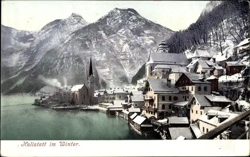 Ak Hallstatt in Oberösterreich, Teilansicht, Kirche, Winter
