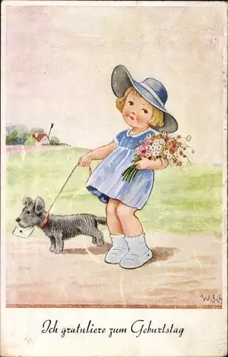 Künstler Ak Scheuermann, Willi, Glückwunsch Geburtstag, Mädchen mit Blumen und Hund