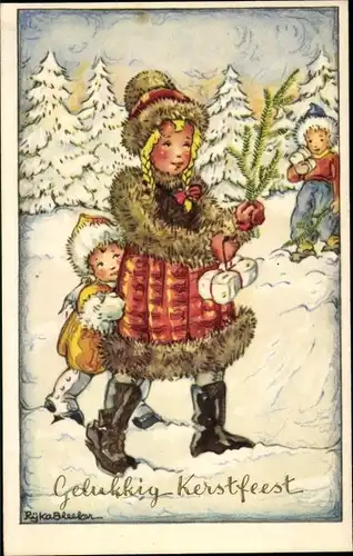 Künstler Ak Bleeker, Glückwunsch Weihnachten, Mädchen im Wintermantel