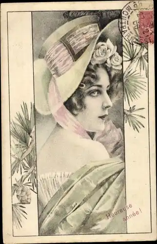 Künstler Ak Glückwunsch Neujahr, Frau mit Hut, Portrait