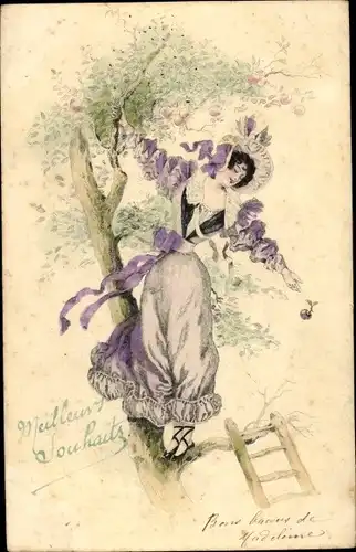 Künstler Ak Frau pflückt Äpfel von einem Baum