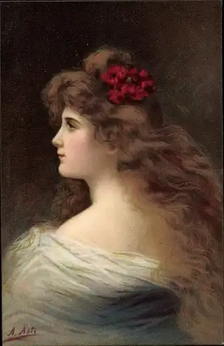 Künstler Ak Asti, Angelo, Portrait einer jungen Frau mit langen brünetten Haaren