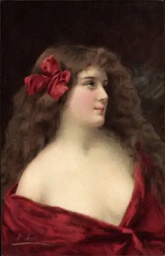 Künstler Ak Asti, Angelo, Portrait einer Frau im roten Kleid, Schleife im Haar