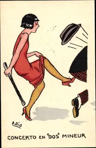 Künstler Ak Did, H., Frau gibt Mann einen Fußtritt