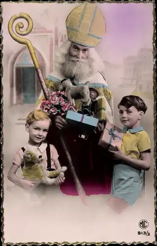 Ak Glückwunsch Weihnachten, Heiliger Nikolaus und Kinder mit Geschenken, Plüschhund
