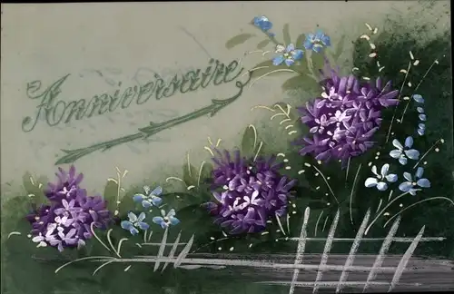 Zelluloid Ak Glückwunsch Geburtstag, Lila und blaue Blumen