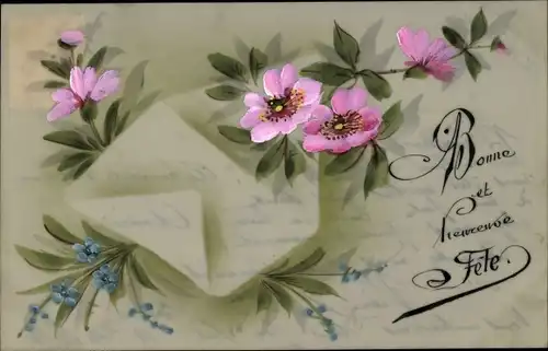 Zelluloid Ak Glückwunsch Geburtstag, Brief, rosa Blüten