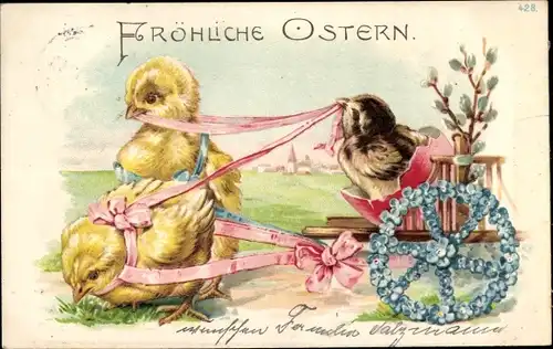 Litho Glückwunsch Ostern, Vermenschlichte Küken, Kutsche, Vergissmeinnicht