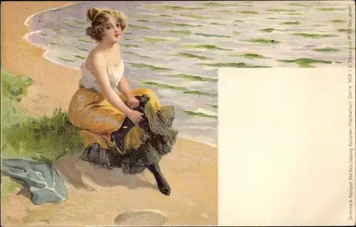 Litho Frau in Unterwäsche und Rock am Strand