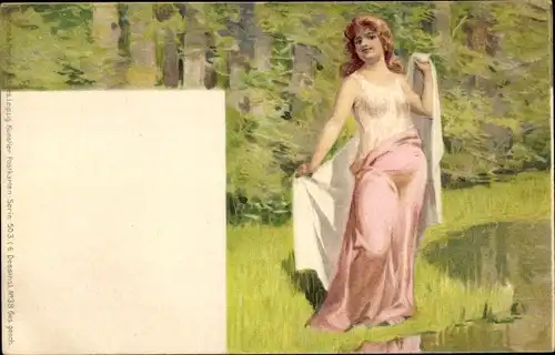 Litho Frau in durchsichtigem Oberteil am Seeufer, Busen