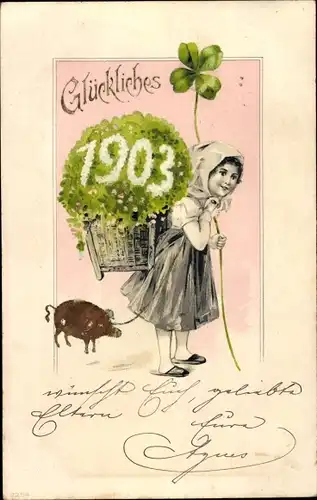 Präge Litho Glückwunsch Neujahr, Jahreszahl 1903, Mädchen mit Rückentrage, Schwein, Kleeblatt