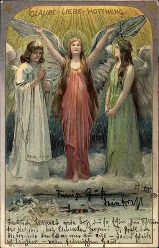 Künstler Litho Allegorien, Glaube, Liebe, Hoffnung, Engel
