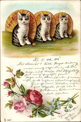 Litho Drei kleine Katzen, Fächer, Rosen
