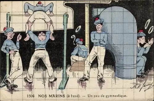 Künstler Ak Unsere Matrosen an Bord, ein bisschen Gymnastik
