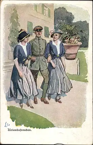 Künstler Ak Urlaubsfreuden, deutscher Soldat in Uniform mit zwei Frauen, I WK