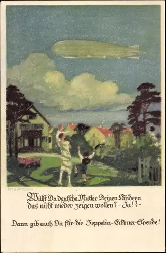 Künstler Ak Amtsberg, Otto, Deutsche Mutter zeigt Kindern Luftschiff, Zeppelin Eckener Spende