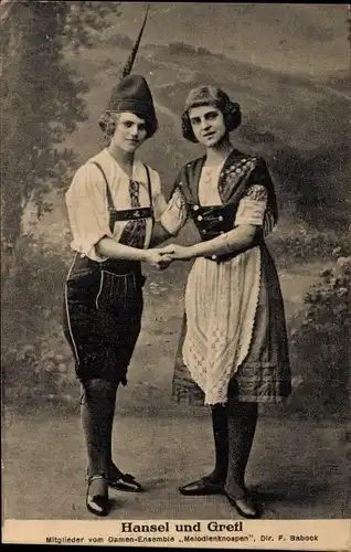 Ak Hansel und Gretl, Mitglieder vom Damen-Ensemble Meoldienknospen, Dir. F. Babock
