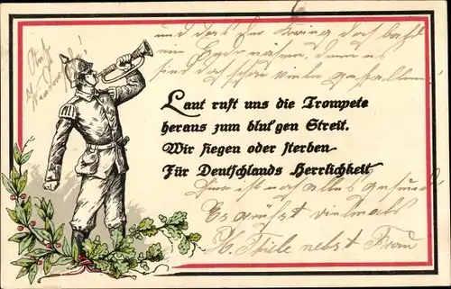Präge Ak Laut ruft uns die Trompete heraus zum blutigen Streit..., Eichenlaub, Soldat