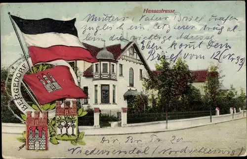 Wappen Ak Hamburg Bergedorf, Hansastraße, Fahnen