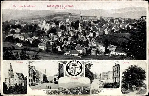 Ak Eibenstock im Erzgebirge Sachsen, Totalansicht vom Adlerfelsen, Rathaus, Schulstraße