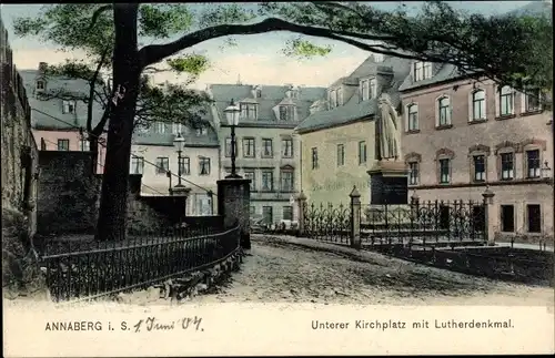 Ak Annaberg Buchholz im Erzgebirge, Unterer Kirchplatz, Lutherdenkmal