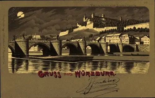 Mondschein Litho Würzburg am Main Unterfranken, Festung, alte Brücke, Kapelle