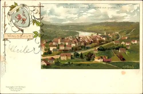 Künstler Litho Münch, C., Waldshut Tiengen am Hochrhein, Panorama vom Mühleberg, Wappen