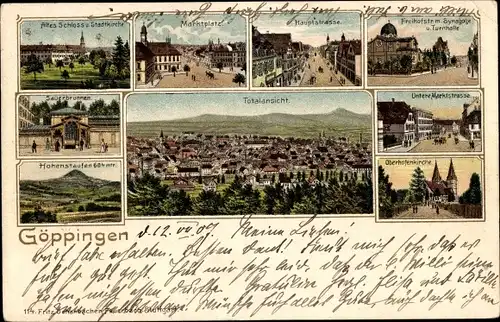 Litho Göppingen in Württemberg, Altes Schloss, Stadtkirche, Marktplatz, Freihofstraße, Synagoge