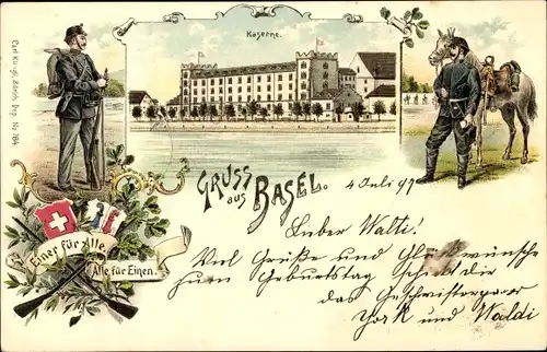 Litho Basel Stadt Schweiz, Kaserne, Soldaten, Einer für Alle, Alle für Einen