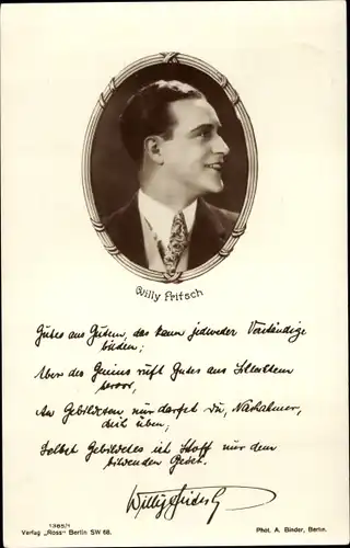 Ak Schauspieler Willy Fritsch, Portrait, Profilansicht, Autogramm